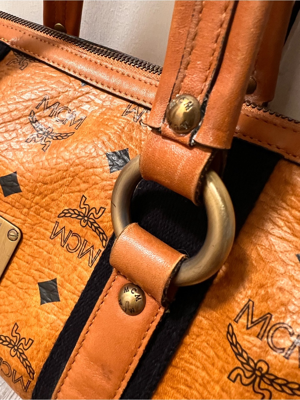 MCM Cognac Monogram Barrel Satchel with Gold Hardware - Picture 4 of 11
